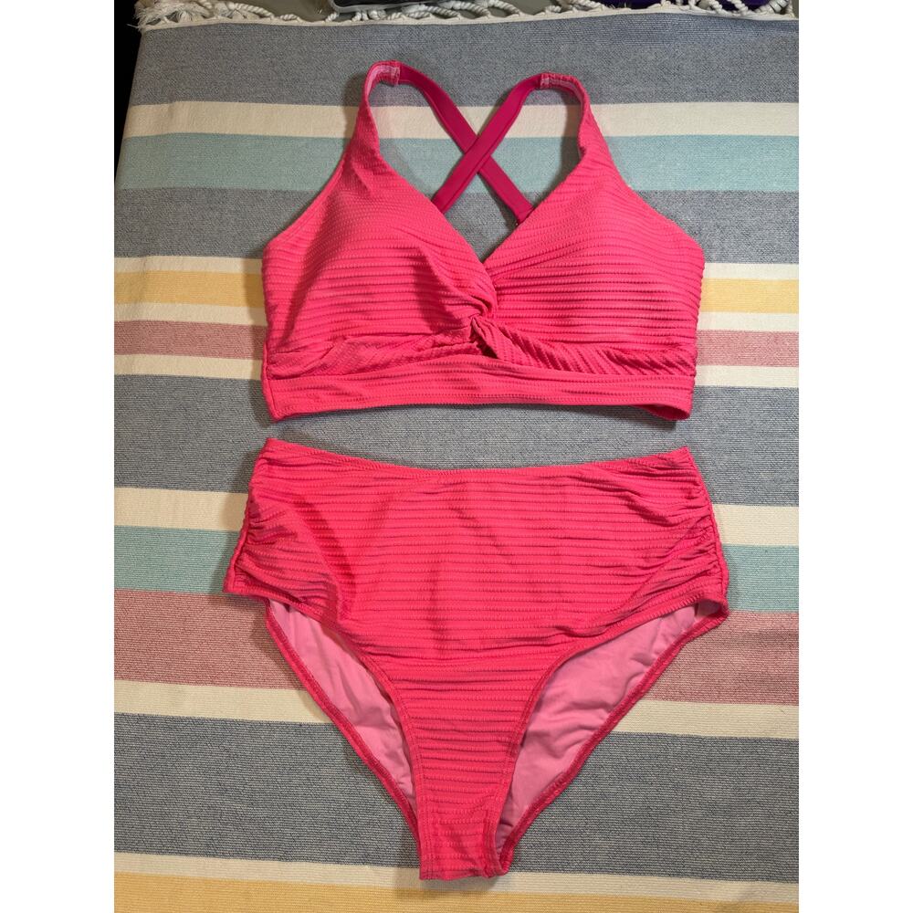 NWOT Bright Pink Textured Bikini Set - XL, Crisscross Detail